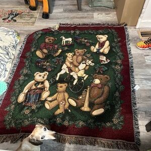 CHRISTMAS Bears Throw Blanket Tapestry  48x56 Fringe Mohawk Vintage